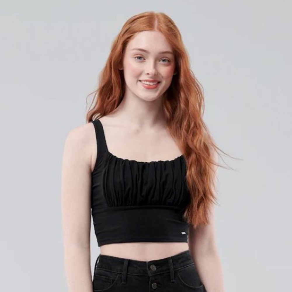 Hollister Ruched Cropped Cami Tank Top Black